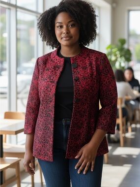 JM Collection Red and Black Brocade Jacket size M